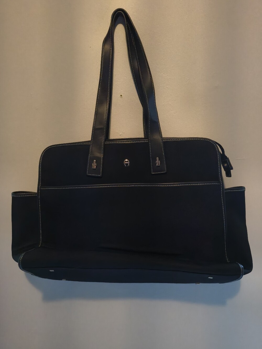 Etienne Aigner Black Laptop Tote with White Contrast Stitching